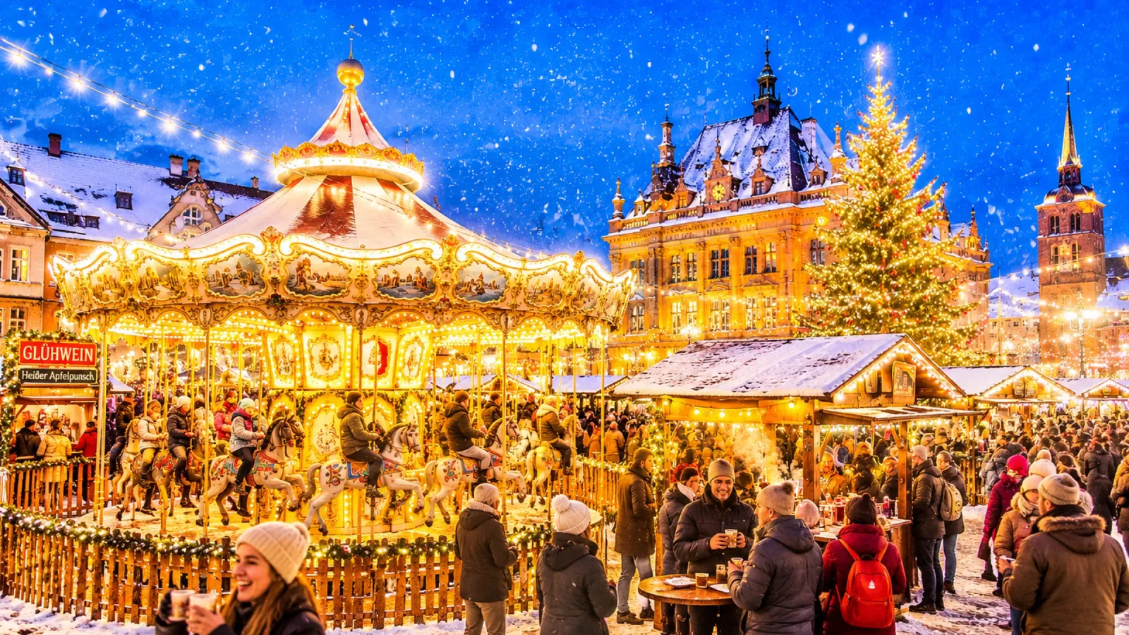 A snow-covered German Christmas market glowing at dusk